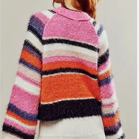 Free People Snowbird Sweater Black, Pink, Orange Striped Combo Sz M - Picture 2 of 5